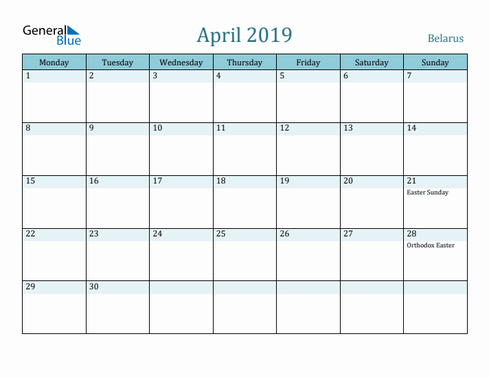 April 2019 Calendar with Holidays