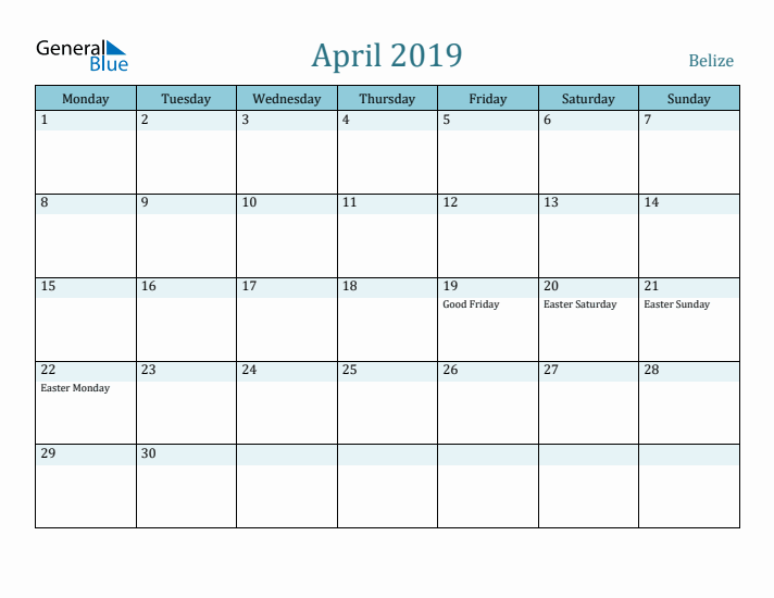 April 2019 Calendar with Holidays