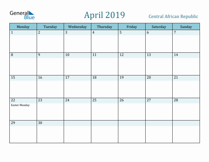 April 2019 Calendar with Holidays