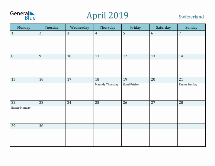 April 2019 Calendar with Holidays