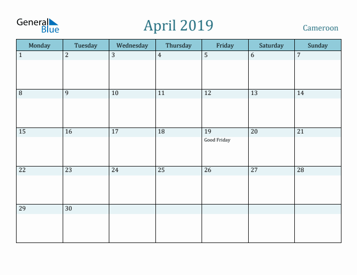 April 2019 Calendar with Holidays