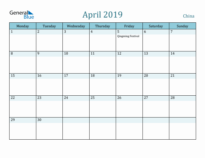 April 2019 Calendar with Holidays