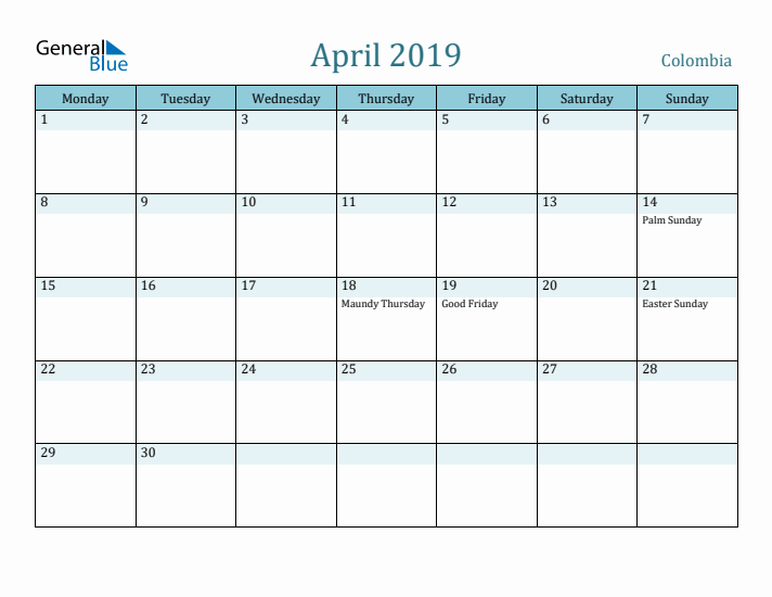 April 2019 Calendar with Holidays