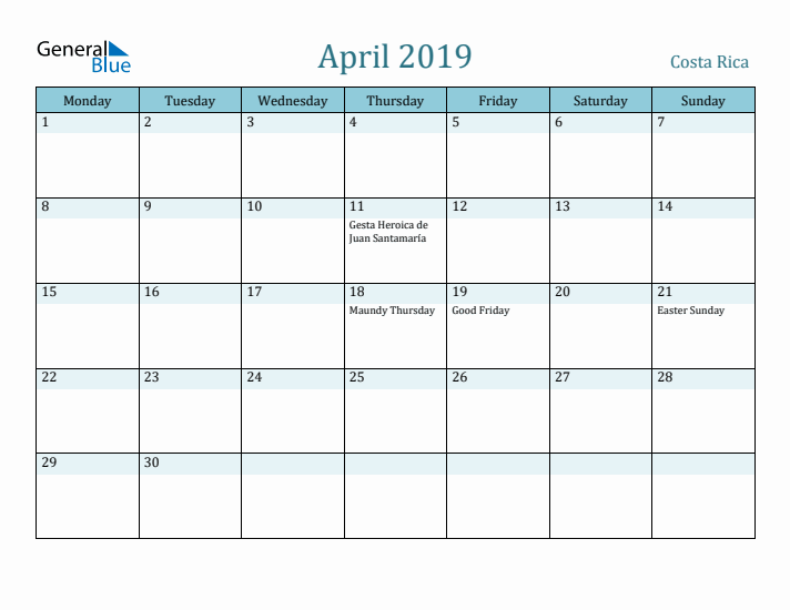 April 2019 Calendar with Holidays