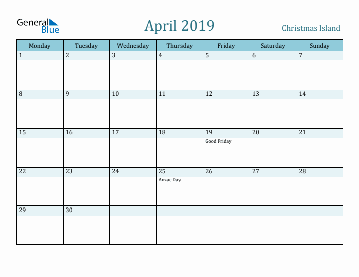 April 2019 Calendar with Holidays