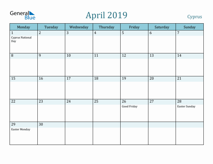 April 2019 Calendar with Holidays