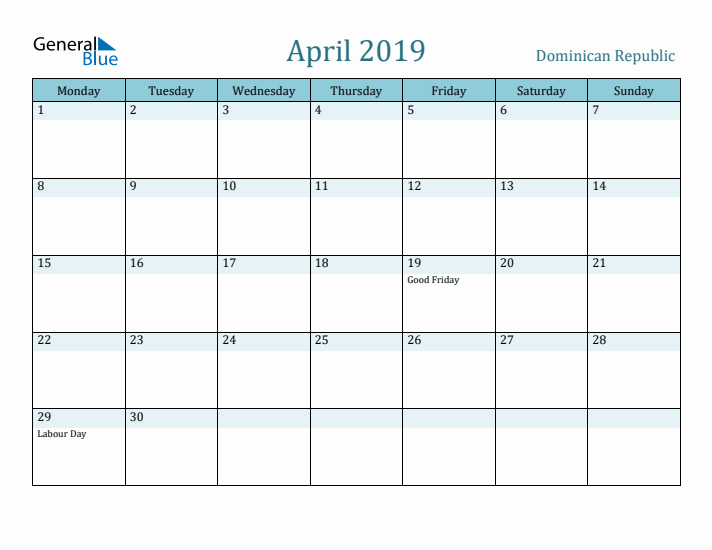 April 2019 Calendar with Holidays