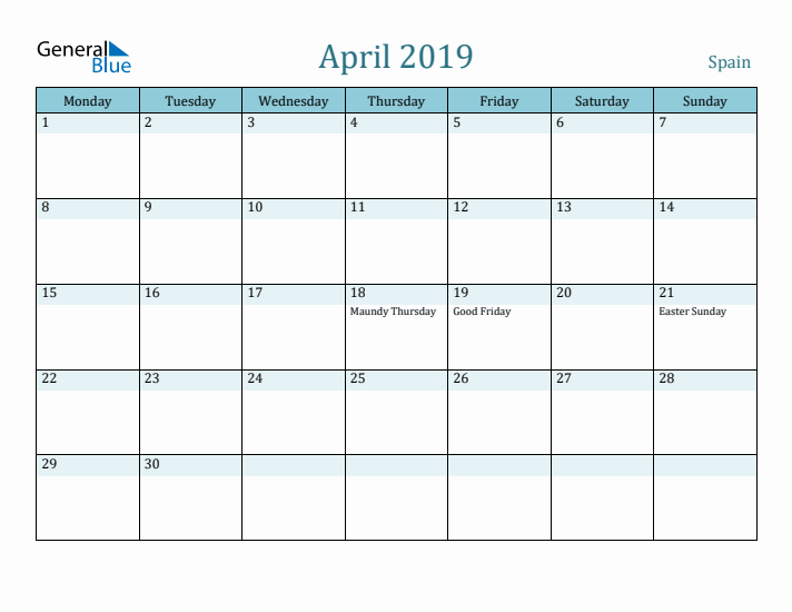 April 2019 Calendar with Holidays