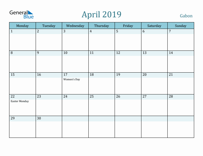 April 2019 Calendar with Holidays