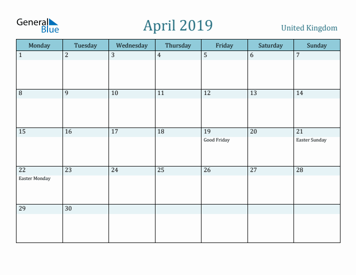 April 2019 Calendar with Holidays