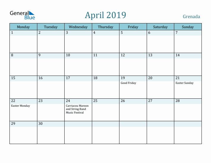 April 2019 Calendar with Holidays