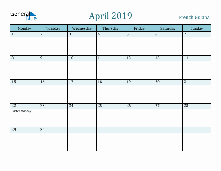 April 2019 Calendar with Holidays