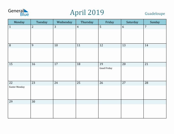 April 2019 Calendar with Holidays