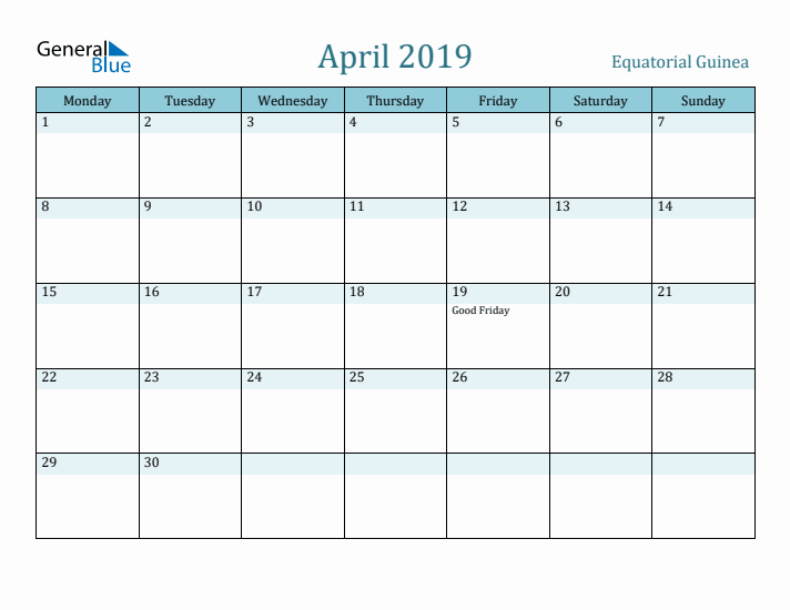 April 2019 Calendar with Holidays