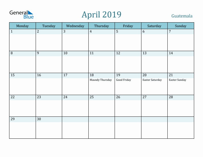 April 2019 Calendar with Holidays