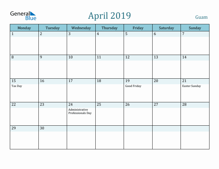 April 2019 Calendar with Holidays