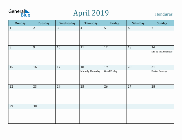 April 2019 Calendar with Holidays