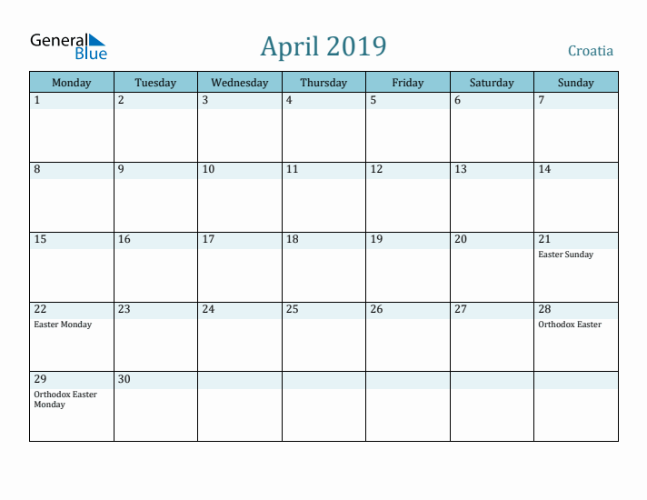 April 2019 Calendar with Holidays