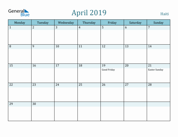 April 2019 Calendar with Holidays