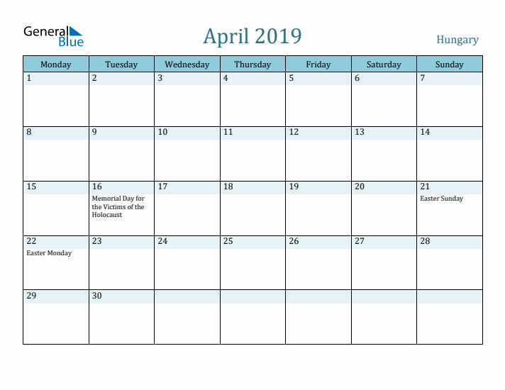 April 2019 Calendar with Holidays