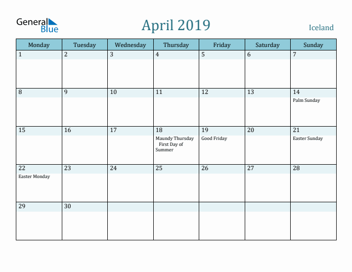 April 2019 Calendar with Holidays