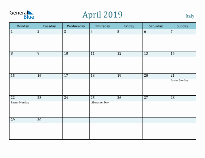 April 2019 Calendar with Holidays