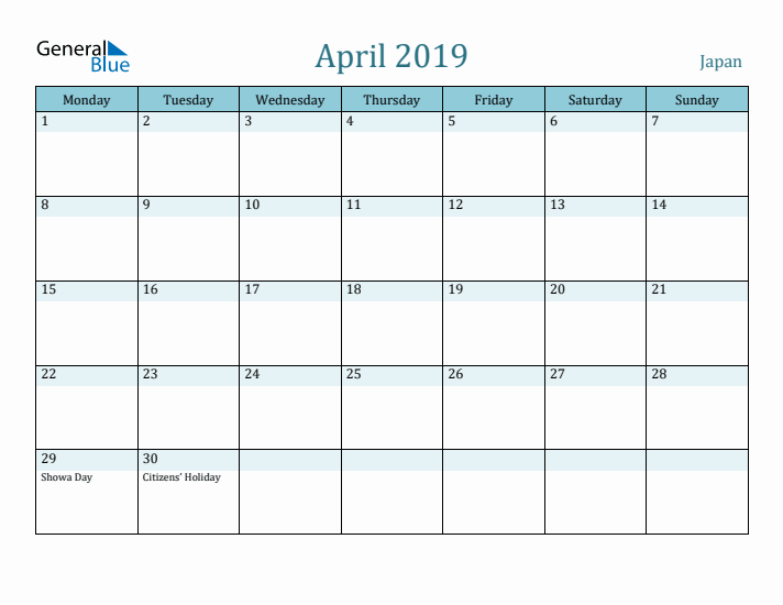 April 2019 Calendar with Holidays