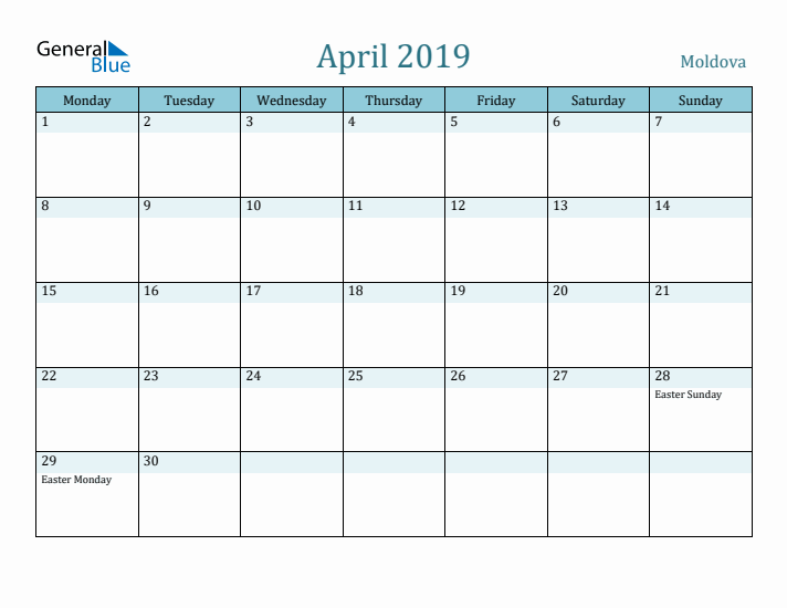 April 2019 Calendar with Holidays