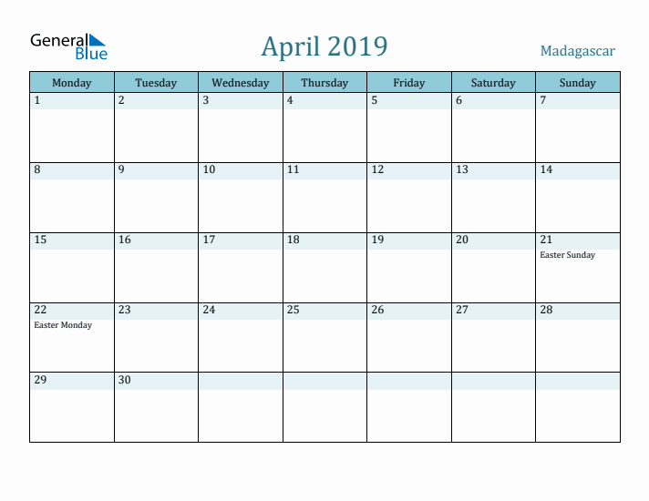 April 2019 Calendar with Holidays