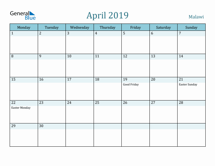 April 2019 Calendar with Holidays