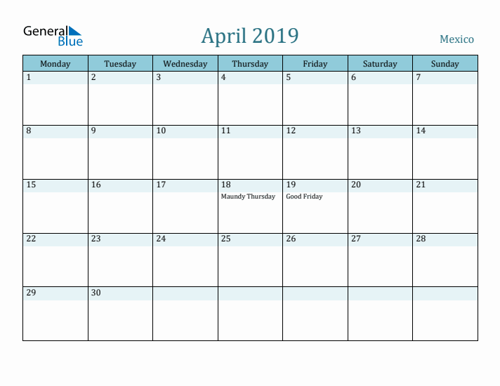 April 2019 Calendar with Holidays