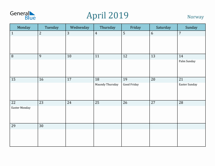 April 2019 Calendar with Holidays