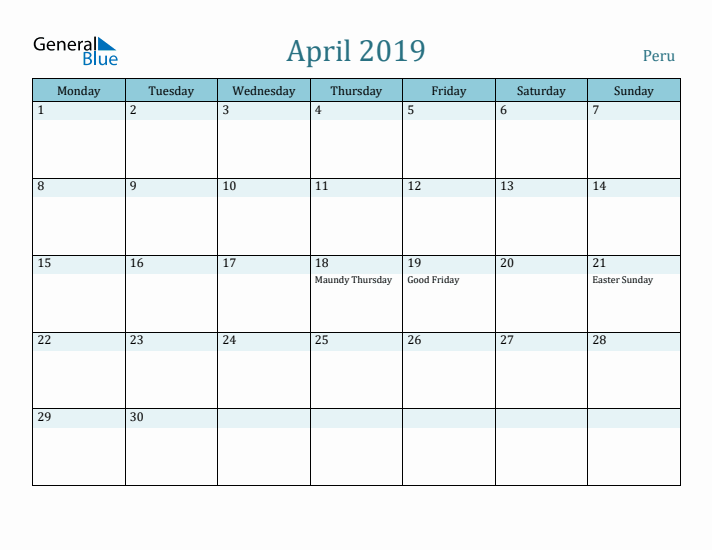 April 2019 Calendar with Holidays