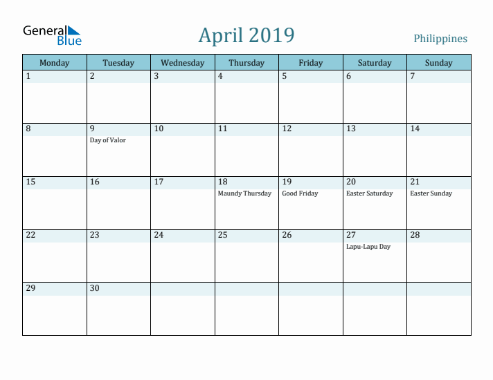 April 2019 Calendar with Holidays