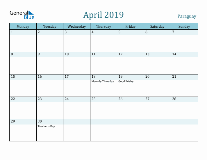 April 2019 Calendar with Holidays