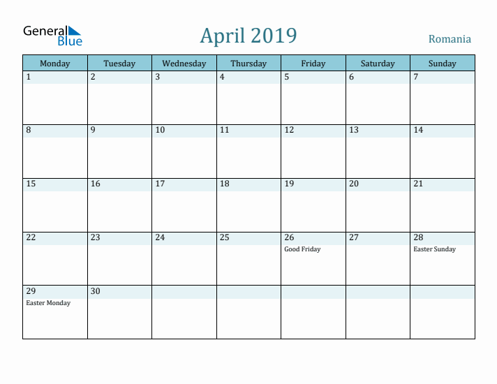 April 2019 Calendar with Holidays