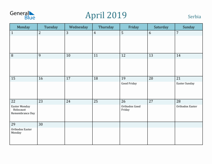 April 2019 Calendar with Holidays