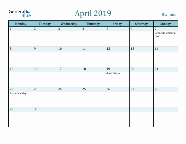 April 2019 Calendar with Holidays