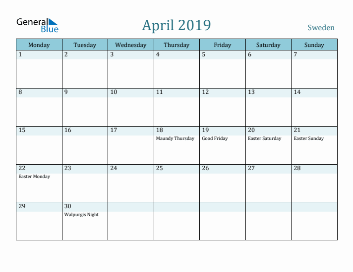 April 2019 Calendar with Holidays