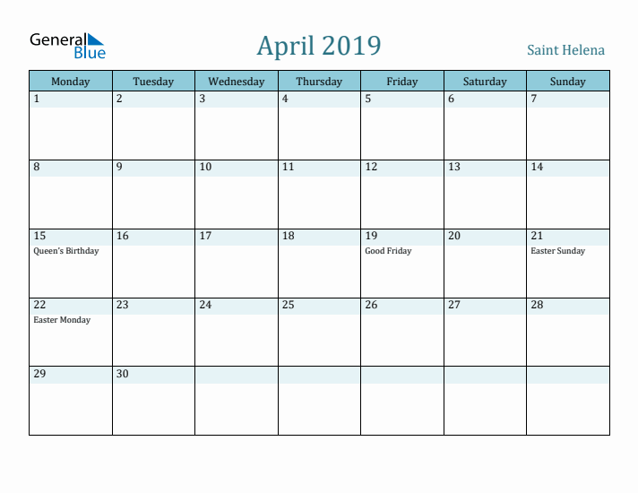 April 2019 Calendar with Holidays