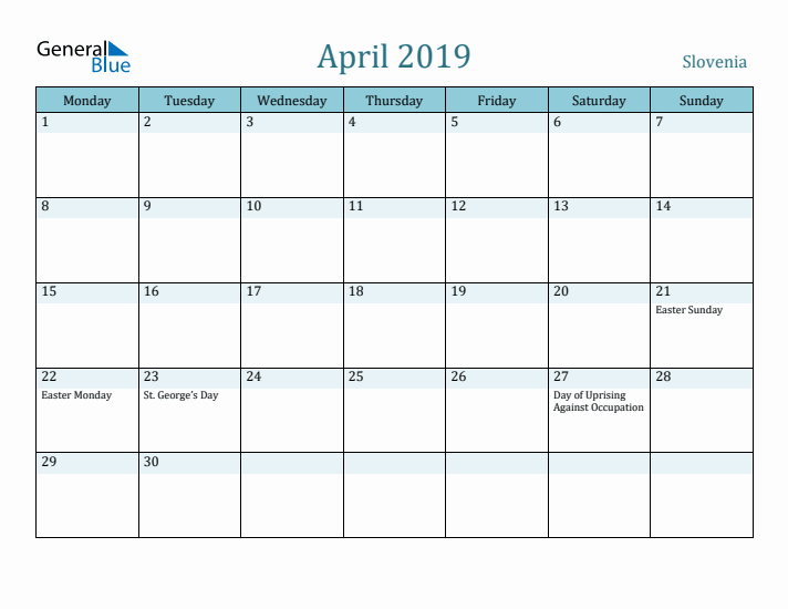 April 2019 Calendar with Holidays