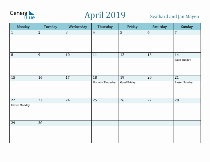 April 2019 Calendar with Holidays