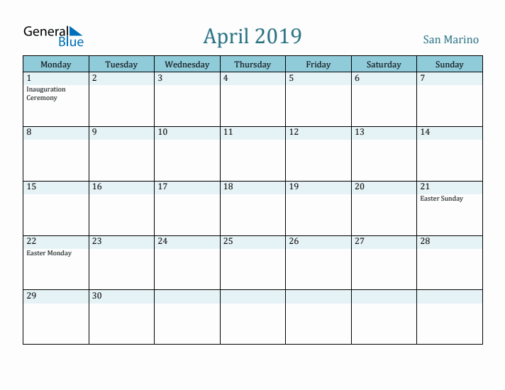 April 2019 Calendar with Holidays