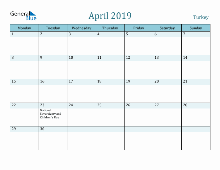 April 2019 Calendar with Holidays