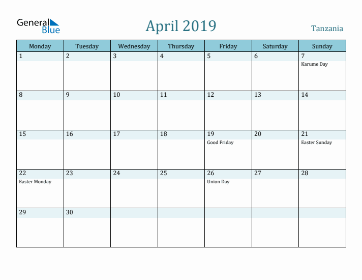 April 2019 Calendar with Holidays