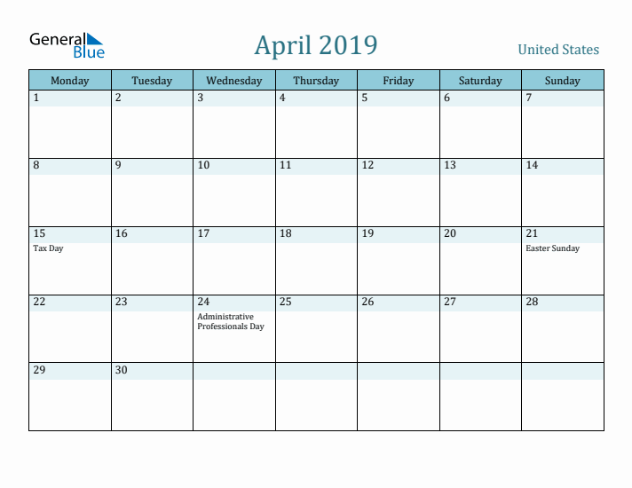 April 2019 Calendar with Holidays