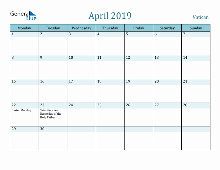 April 2019 Calendar with Holidays