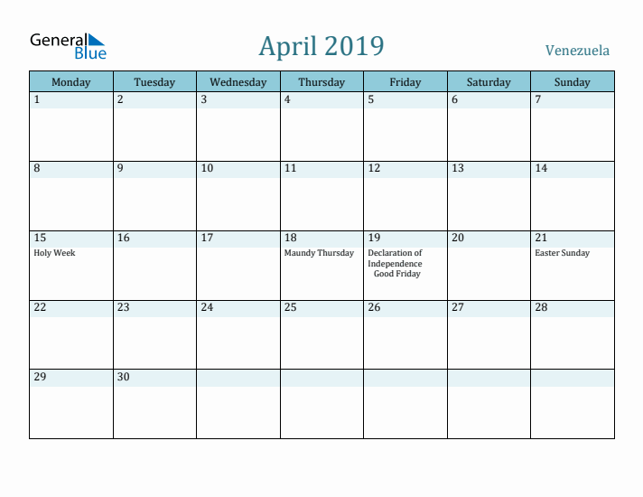 April 2019 Calendar with Holidays