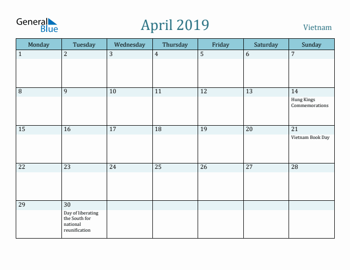 April 2019 Calendar with Holidays