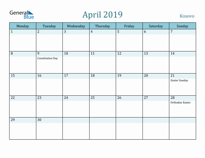 April 2019 Calendar with Holidays